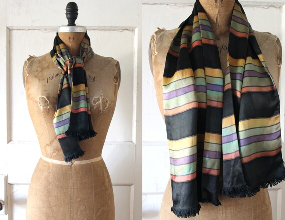 Vintage 1930s Satin Striped Scarf / 30s Rainbow an
