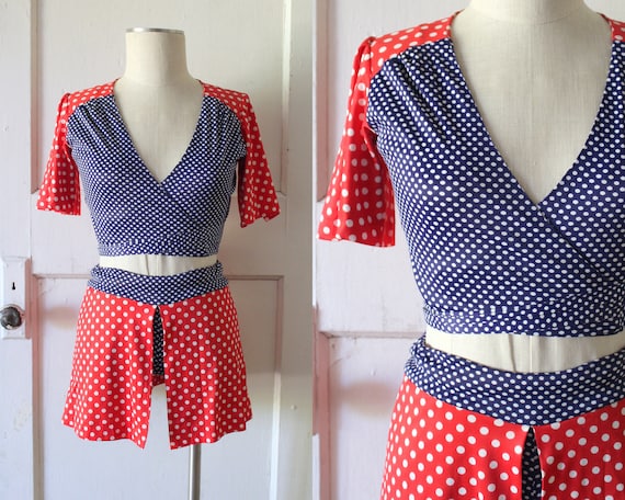 Vintage 1970s Red, White, & Blue Playsuit Set / 70