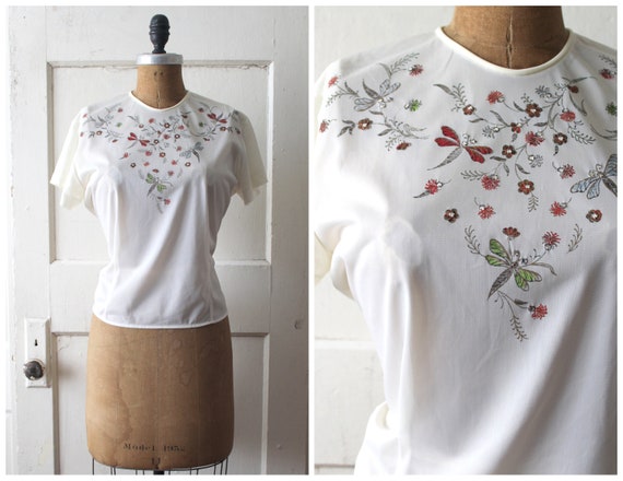 Vintage 1940s Dragonfly Painted Blouse / Late 40s