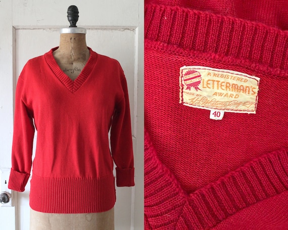 Vintage 1950s Red Wool Letterman Sweater / 50s Let