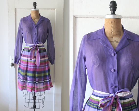 Vintage 1970s Purple Candy Striped Dress / 70s Co… - image 1