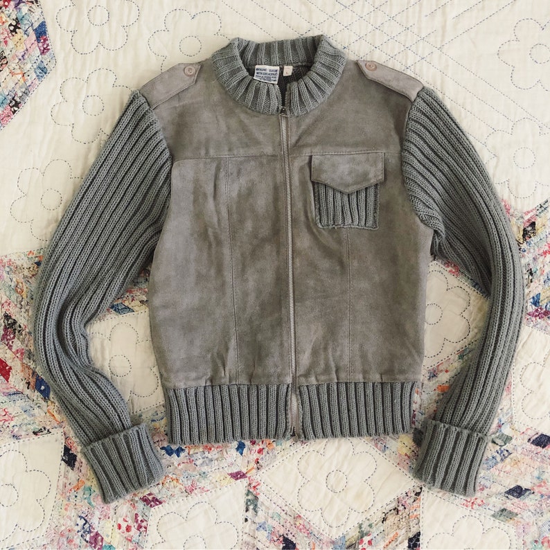 Vintage 1970s Grey Suede and Knit Sweater Jacket 1940s Style Sportswear Jacket Allison Jacket