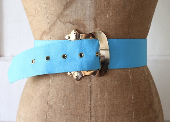 Vintage 1980s Blue Fabric Belt with Metal Buckle … - image 1