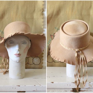 Vintage 1970er Jahre Camel Filzhut / 70er Jahre Hut mit breitem Rand und Fransen / Village Classic Hut