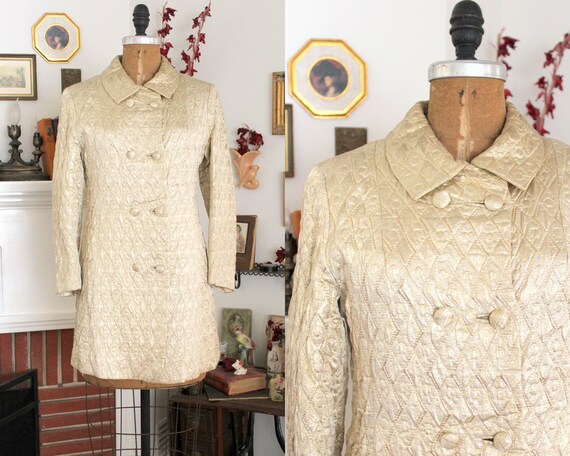 Vintage 1960s Metallic Gold Pea Coat / 60s Mod Go… - image 1