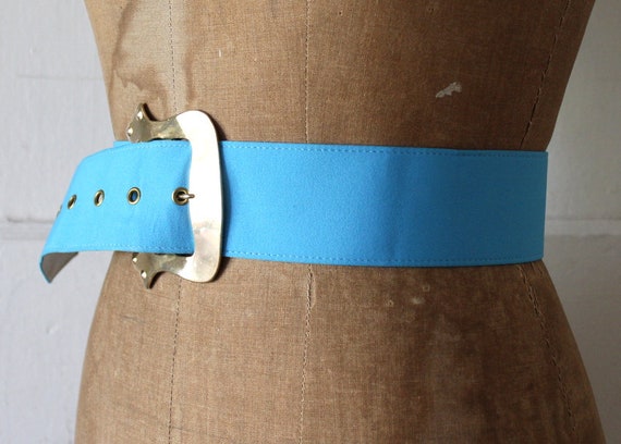 Vintage 1980s Blue Fabric Belt with Metal Buckle … - image 3