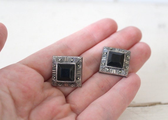 Vintage 1950s Marcasite and Black Square Earrings… - image 5