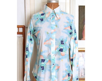 Vintage 1970s Art Deco Flapper Print Blouse / 70s Novelty Print Nylon Button Up Shirt / Flapper Blouse