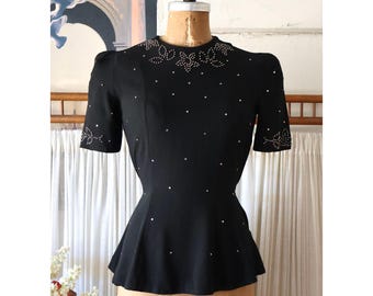 Vintage 1940s Black Rayon Blouse with Brass Studs / 40s Studded Rayon Top with Peplum / Wednesday Blouse
