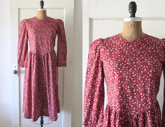 Vintage 1980s Red Floral Cotton Prairie Dress / 80