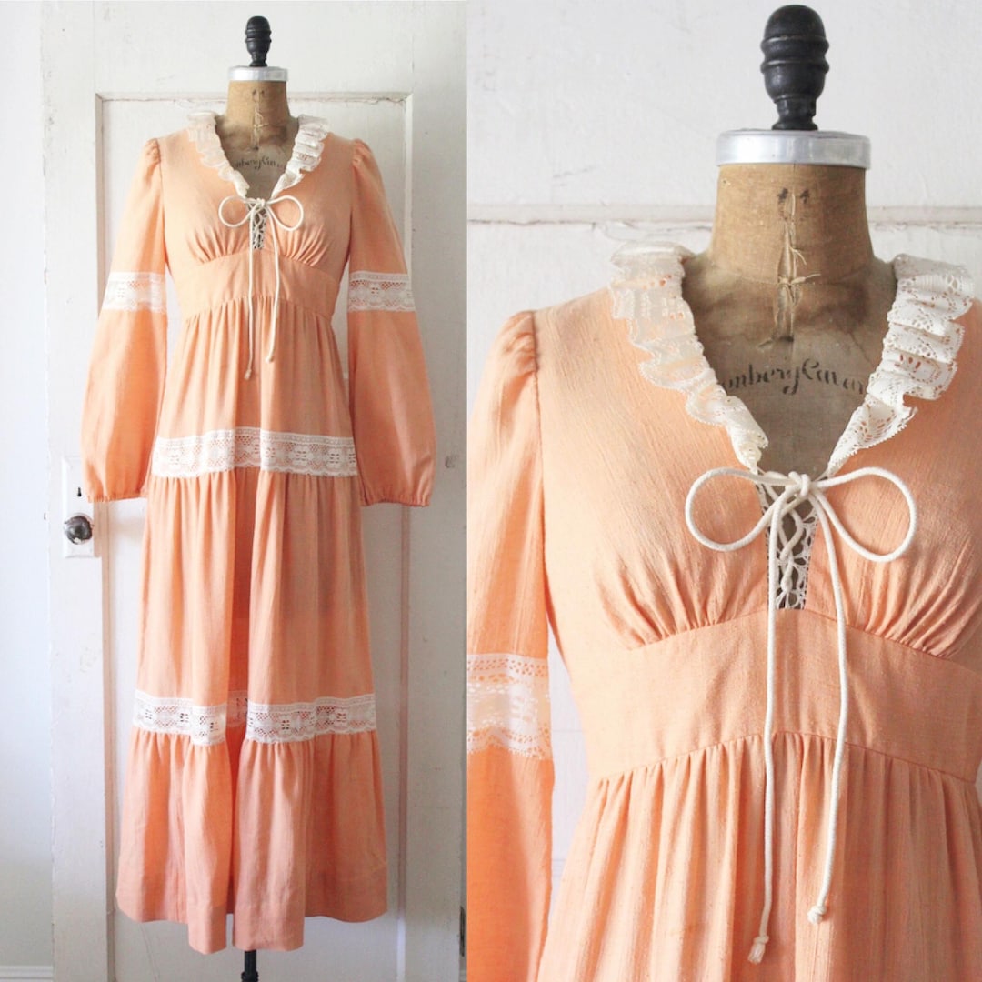 Vintage 1970s Gunne Sax Style Dress / 70s Peach Cotton Maxi Peasant ...