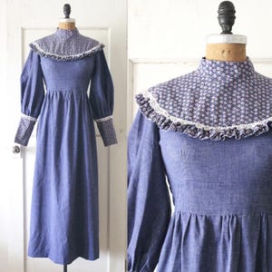 Vintage 1970s Chambray & Calico Maxi Dress / 70s Victorian Revival Cotton Dress / Granny Dress