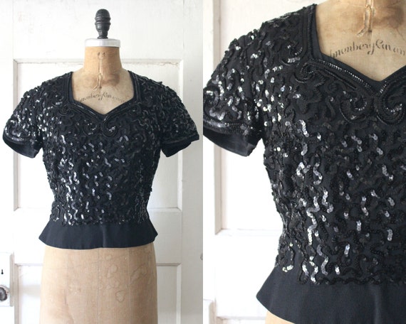 Vintage 1940s Black Sequined Blouse / 40s Black R… - image 1