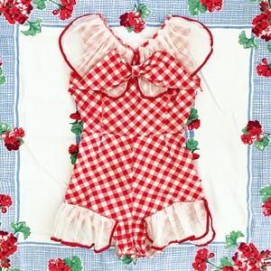 Vintage 1930s Red & White Gingham Playsuit / 30s Cotton Playsuit Romper with Organdy Trim / Betty Playsuit