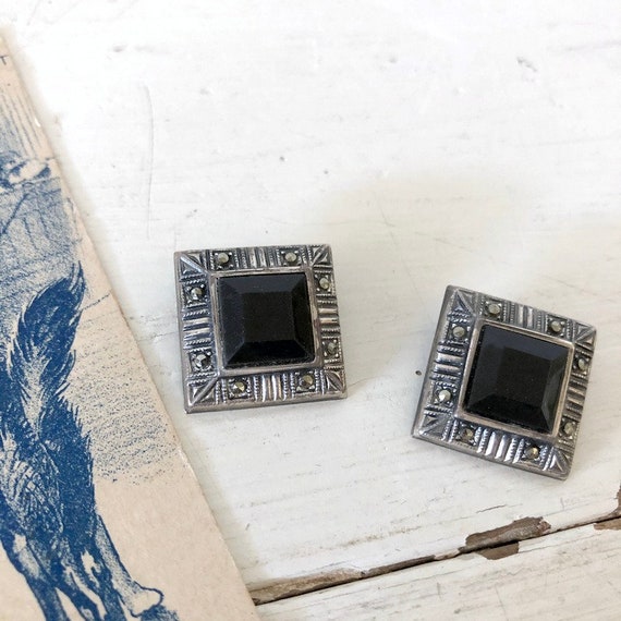 Vintage 1950s Marcasite and Black Square Earrings… - image 2