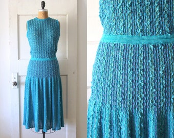 Vintage 1980s Electric Blue Knit Dress / 80s Mixed Fiber Knit Dress / Riviera Dress