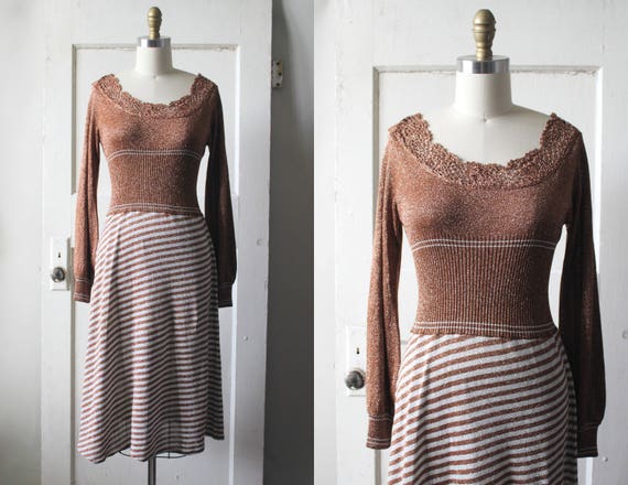 Vintage 1970s Metallic Copper Knit Dress / 70s Sil