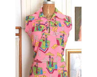 Vintage 1970s Neon Novelty Print Blouse / 70s Colorful Housewares Print Sleeveless Top / Neon Blouse