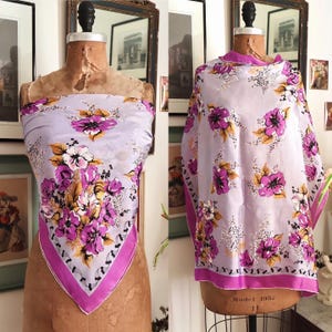 Vintage 1950s Purple Floral Silk Scarf / 50s Large Square Printed Silk Scarf / Pansy Scarf