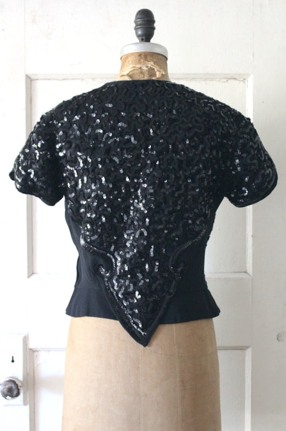 Vintage 1940s Black Sequined Blouse / 40s Black R… - image 6