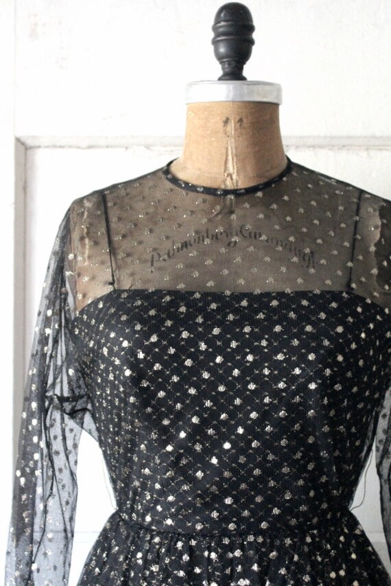 Vintage O-Dett Dress Black Chiffon & Gold Metallic Trim S