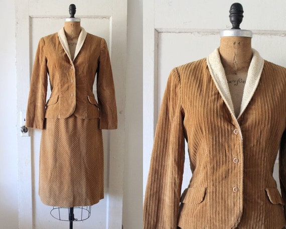 Vintage 1970s Tawny Brown Corduroy Suit with Knit