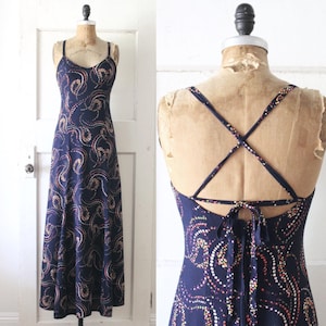 Vintage 1970s Novelty Print Maxi Dress / 70s Art Deco Bubble Print Rayon Dress / Plain Jane Dress