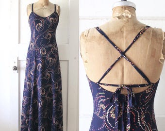 Vintage 1970s Novelty Print Maxi Dress / 70s Art Deco Bubble Print Rayon Dress / Plain Jane Dress