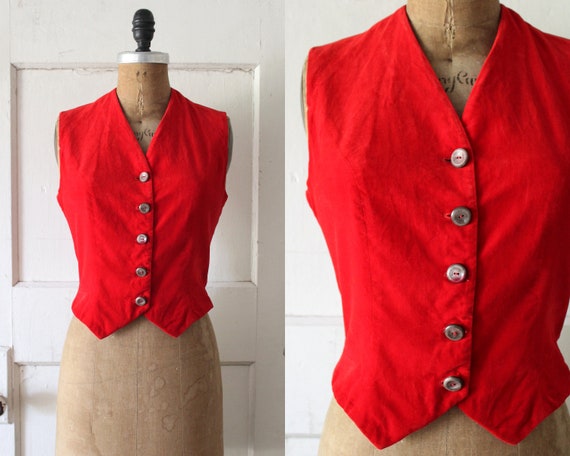 Vintage 1970s Red Velvet Vest / 70s Cotton Velvet