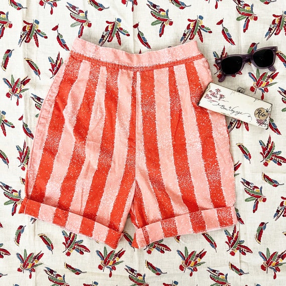 Vintage 1950s Coral Striped Shorts / 50s Cotton H… - image 1