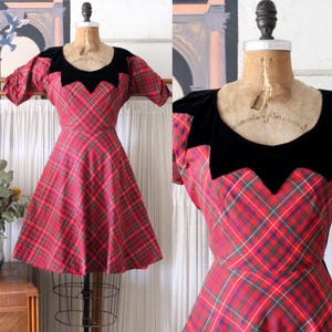 Vintage 1950s Red Plaid and Black Velvet Dress / 50s Red & Green Plaid Structured Cotton Party Dress / Mistletoe Dress