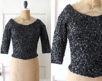 Vintage 1950s Black Sequin Knit Top / 50s Sequined & Beaded Sweater / Betty Sweater