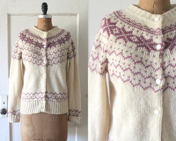 Vintage 1980s Woolrich Cardigan / 80s Ivory and P… - image 1