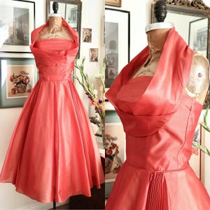 Vintage 1950s Shimmery Strawberry Organza Dress / 50s Formal Dress with Halter Neckline / Paloma Dress
