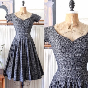 Vintage 1950s Grey and Black Floral Print Dress / 50s Cotton Fit and Flare Dress with Basque Waist / Filigree Dress