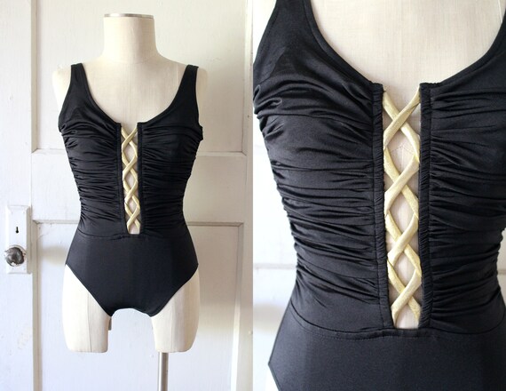 Vintage 1970s Bill Blass Swimsuit / 70s Black One