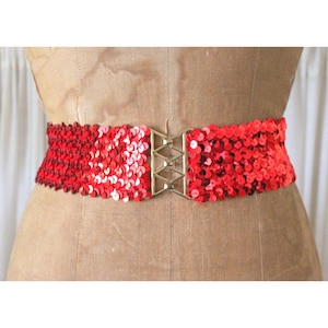 Vintage 1970s Red Sequin Belt / 70s Disco Sequined Stretch Belt / Disco Inferno Belt