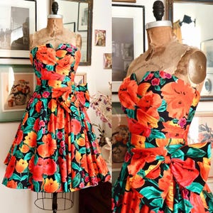 Vintage 1980s Floral Strapless Party Dress / 80s Floral Cotton Bustier Dress / Bird of Paradise Dress