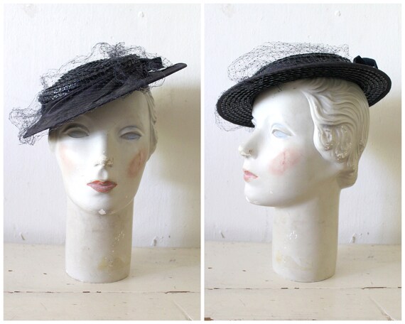 Vintage 1930s Navy Straw Tilt Hat / 30s Brimmed St