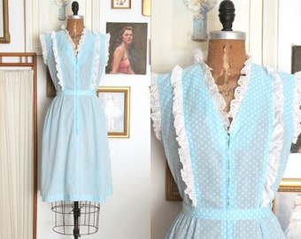 Abito vintage anni '60 blu e bianco a pois / Abito da casa anni '60 con pizzo arruffato / Abito Lucy