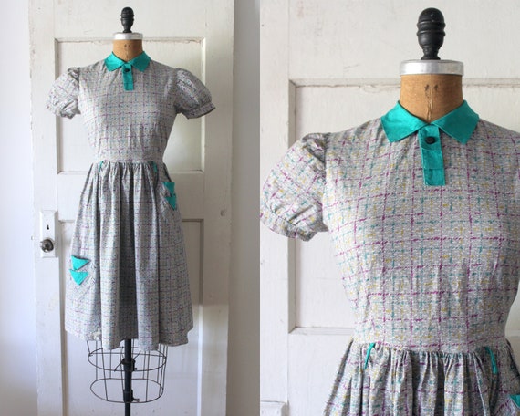 Vintage 1930s Pastel Gradient Hatch Print Dress /