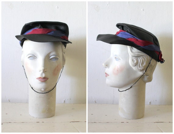 Vintage 1940s Black Conductor Hat / 40s Straw Fron
