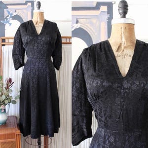 Vintage 1930s Black Rayon Satin Jacquard Dress / 30s Floral Jacquard Liquid Satin Dress / Rose Dress