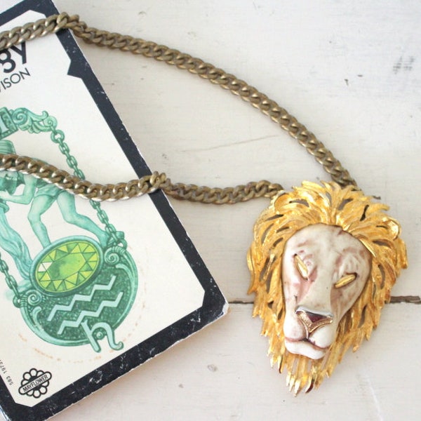 Vintage 1970s Razza Lion Necklace / 70s Leo Lion Zodiac Necklace / Leo Necklace