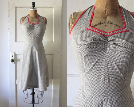 Vintage 1940s Checker Print Halter Dress / 40s Bla