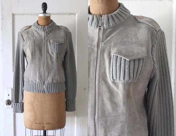 Vintage 1970s Grey Suede and Knit Sweater Jacket /
