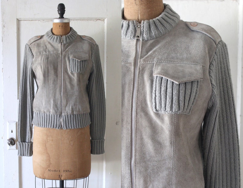 Vintage 1970s Grey Suede and Knit Sweater Jacket 1940s Style Sportswear Jacket Allison Jacket