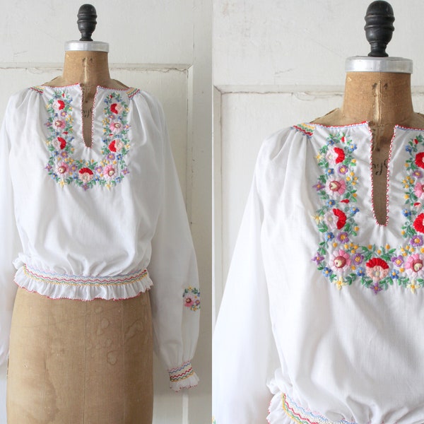 Vintage 1970s Embroidered Peasant Blouse / 1970s does the 1940s Peasant Blouse with Balloon Sleeves / Prague Blouse
