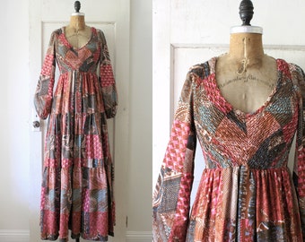 Vintage jaren 1970 Batik Print Maxi Jurk / Jaren '70 Boho Patchwork Stijl Jurk / Rae Dolls Jurk