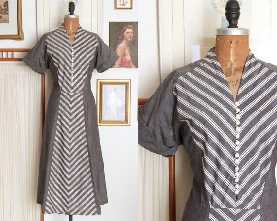 Vintage 1950s Grey & White Chevron Striped Dress … - image 1